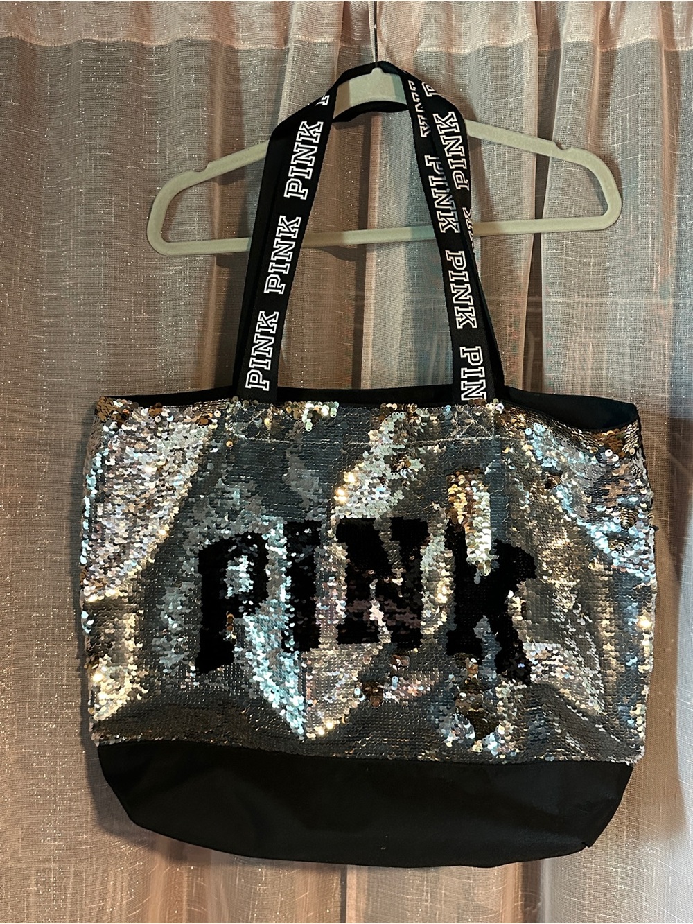 PINK Victoria's Secret Silver Sequin Tote with Black Logo and Straps